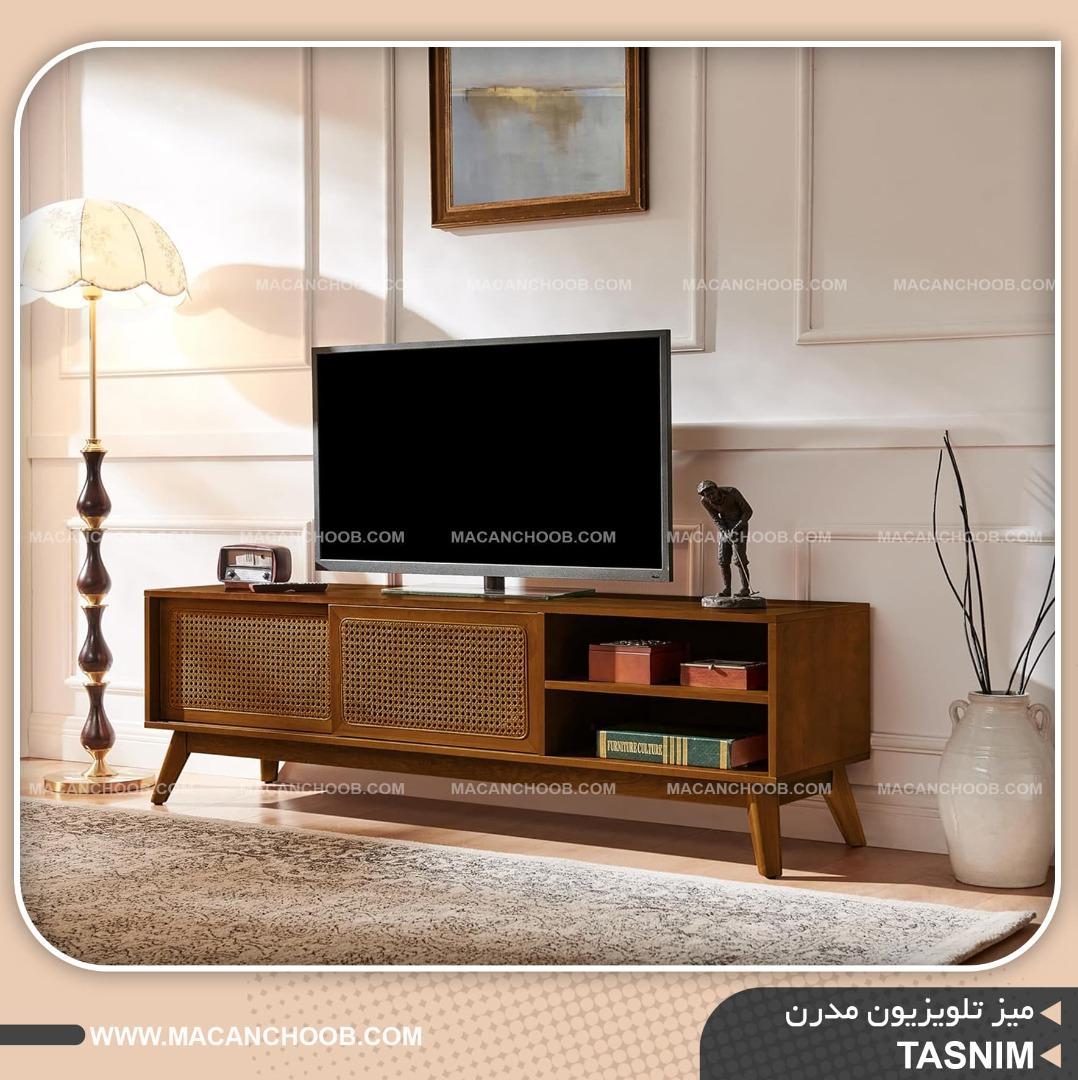 میز تلویزیون پایه چوبی درب ریلی حصیر بامبو شده مدل TASNIM 